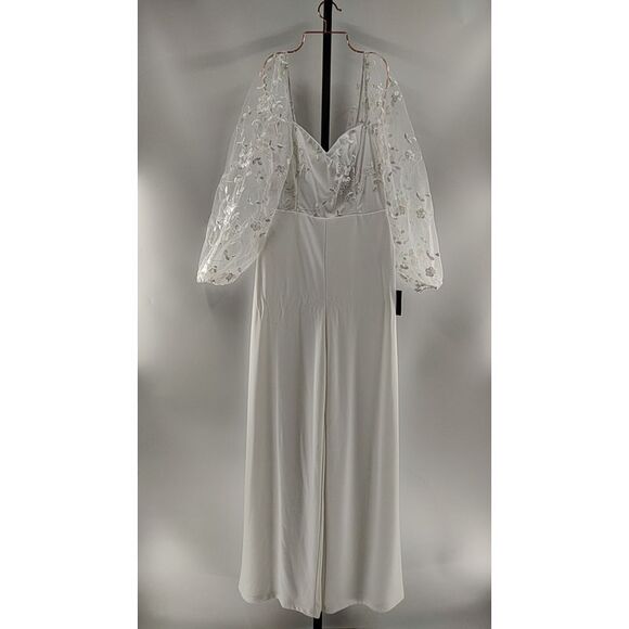 Lulus Darling Charisma Mesh Embroidered Jumpsuit White Sleeved Medium - Picture 2 of 3